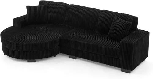 Vista 9 de Sofá cama modular en forma de L con almohadas, sofá modular convertible de pana con reposapiés curvado móvil, color negro