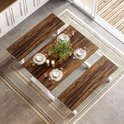Vista 3 de LITTLE TREE Juego de mesa de comedor para 4 personas con 2 bancos, mesa de cocina moderna con tablero de MDF, comedor que ahorra espacio