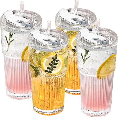 Vista 11 de Vaso de vidrio de 20 onzas con tapa y pajilla, taza para café helado acanalado transparente, vaso de vidrio de borosilicato, cristalería vintage