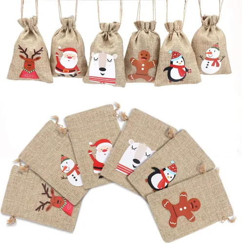 Vista 3 de Bolsas de yute y arpillera de Navidad de LOKIPA, bolsas de yute y lino de Navidad con cordón para regalos y dulces de Navidad (12)