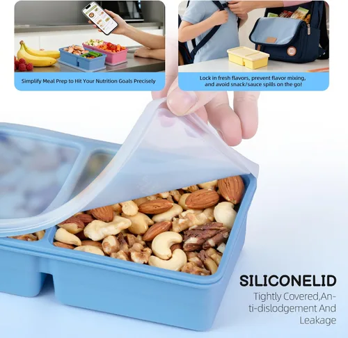 Vista 5 de Paquete de 3 recipientes de silicona con tapas, 12 onzas de doble compartimento reutilizable, caja Bento para niños, cajas de almacenamiento