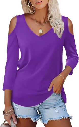 Vista 19 de Amoretu - Camisetas de manga corta con hombros descubiertos, cuello en V, blusa y túnica para mujer A: Negro