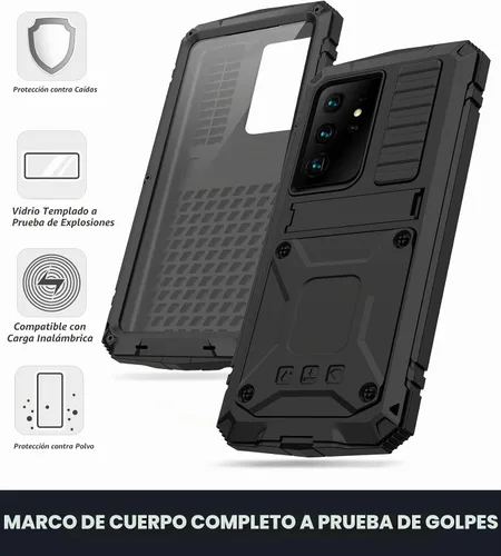 Vista 4 de Funda ultra resistente para Galaxy S22, protector de pantalla y soporte de metal integrado, impermeable, a prueba de polvo y caídas, resistente Negro