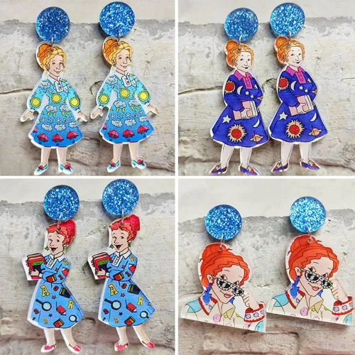 Vista 4 de Caiyao Aretes colgantes de resina acrílica para estudiantes y profesores, bonitos aretes de arco iris de ciencia para mujeres y niñas, regalo
