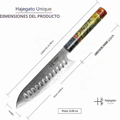 Vista 3 de Cuchillo de chef de Damasco Santoku único, de una pieza, mango profesional, cuchillo de cocina japonés de 7 pulgadas, VG10 de 67 capas de acero
