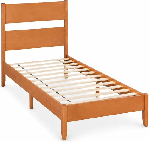 Vista 9 de KOMFOTT Twin Size Rubber Wood Bed Frame with Tall Headboard, Caramel Brown