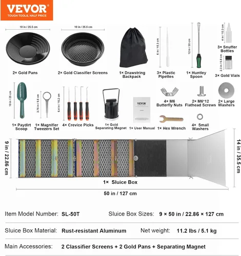 Vista 8 de VEVOR Kit Completo de Caja de Esclusa para Bateo de Oro, Equipo de Minería de Oro de Aleación de Aluminio Plegable de 50", Kit de Prospección de Oro