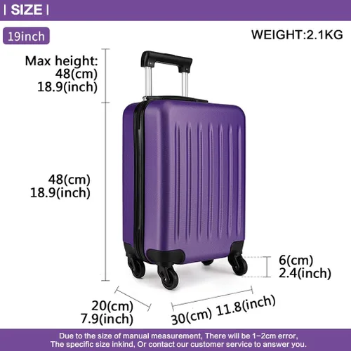 Vista 4 de Kono Maleta de mano rígida de 19 pulgadas con ruedas giratorias, maleta ligera de cabina rodante para viajes en aviones, Púrpura, Llevar