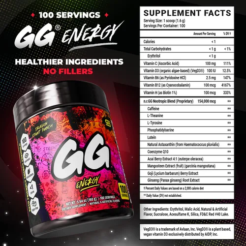 Vista 2 de Gamer Supps GG® Energy - Ponche de Pitahaya (100 Porciones) - Energía de Juego Amigable con Keto y Mezcla Nootrópica, Sin Azúcar + Cafeína Orgánica