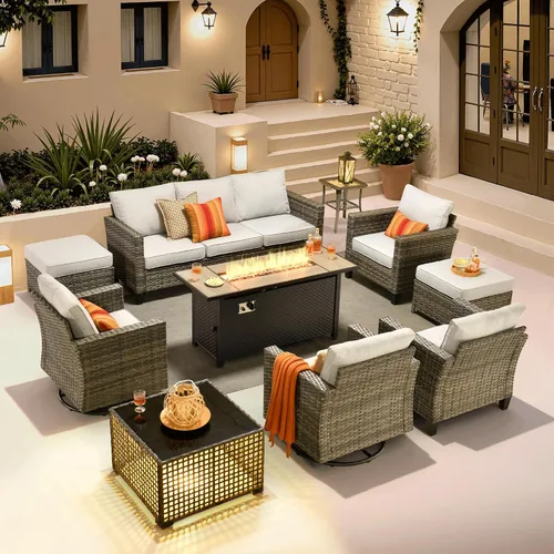 Vista 43 de ovios Juego de muebles de patio de 4 piezas con sofá de exterior, luces solares, mesa, cojines cómodos, sofá de conversación de mimbre de ratán
