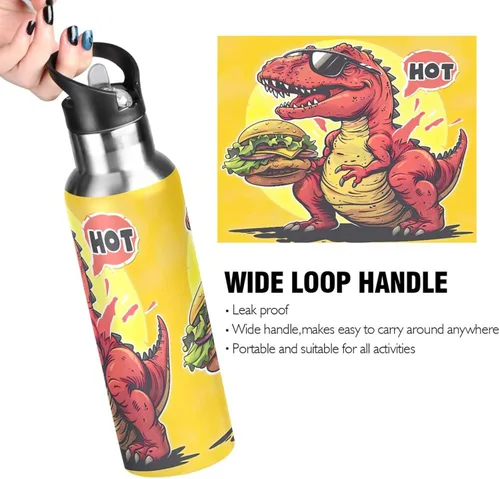 Vista 4 de Stainless Steel Vacuum Insulated Water Bottle 20 Oz, Leakproof Water Bottles for Gym Outdoor Travel School, Red Dinosaur Hamburger Yellow