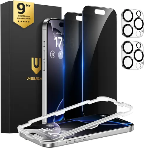 Vista 13 de UNBREAKcable Protector de pantalla de privacidad para iPhone 15 (6.1 pulgadas), paquete de 2 + 2 protectores de lente, antiespía de 25°, dureza 9H