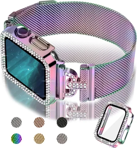 Vista 9 de JOYOZY - Correa magnética compatible con Apple Watch de 38 mm 40 mm 41 mm 42 mm 44 mm 45 mm 46 mm, correa Milanese con brillo de purpurina Negro