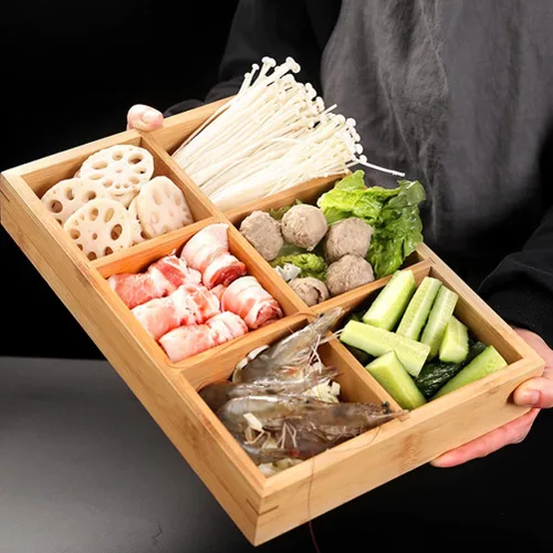 Vista 5 de Cabilock Plato de bambú para ollas calientes con 6 compartimentos, bandeja dividida para verduras, frutas, almacenamiento de alimentos, 12.00 x 8.26