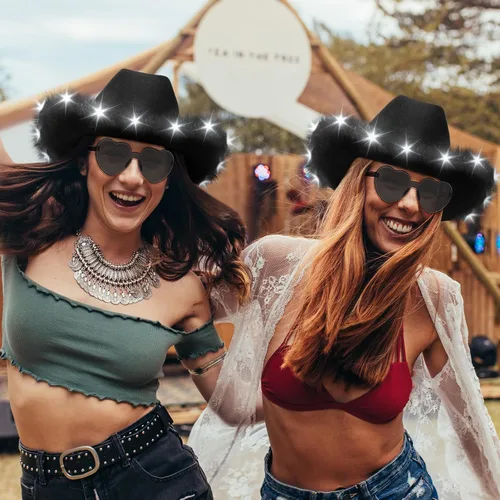 Vista 3 de Zhanmai 6 Pcs Cowgirl Light up Hat with Feather and Heart Sunglasses Negro