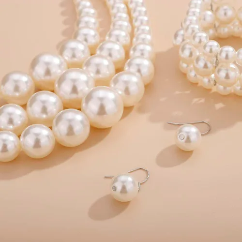 Vista 5 de Wiwpar 3 piezas de collar de perlas de gran capa para mujer, collar de perlas gruesas, pulsera y aretes, juego de joyas de los años 20, collar