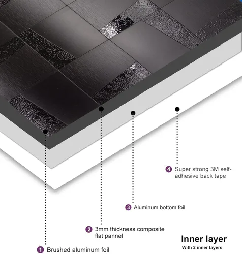 Vista 4 de Panel de 10 láminas de metal autoadhesivo para cocina, mosaico de aluminio autoadhesivo 3D, 11.81 x 11.81 x 0.12 pulgadas (10, negro cepillado)