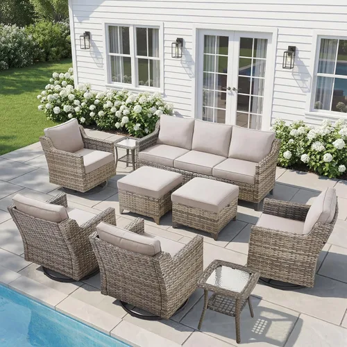 Vista 62 de Belord Sofá de patio exterior acolchado de 3 asientos de lujo de 6 pulgadas Cojín de mimbre marrón/beige de 6 pulgadas