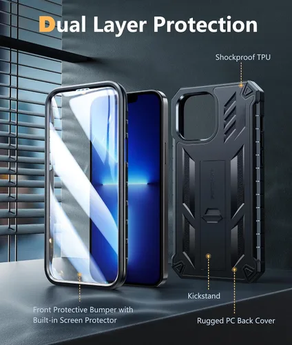 Vista 6 de FNTCASE Funda para iPhone 13 Pro Max: [Protector de pantalla y soporte integrados] [Protección contra caídas de grado militar] Funda de teléfono