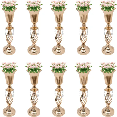 Vista 12 de Juego de 10 portavelas de metal dorado de 10.2 pulgadas de alto, florero, arreglo floral, candelabro, candelabro, portavelas para bodas, fiestas