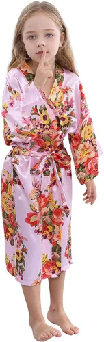 Vista 4 de TIMSOPHIA Kimono floral de satén para niños, bata de baño para boda, spa, fiesta, regalos de novia, ropa de dormir, bata de baño