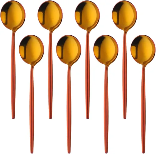 Vista 7 de MINGYU Modern - Juego de 8 cucharas de sopa redondas pesadas con mango largo, cuchara de titanio de acero inoxidable de 8.3 pulgadas, cucharas