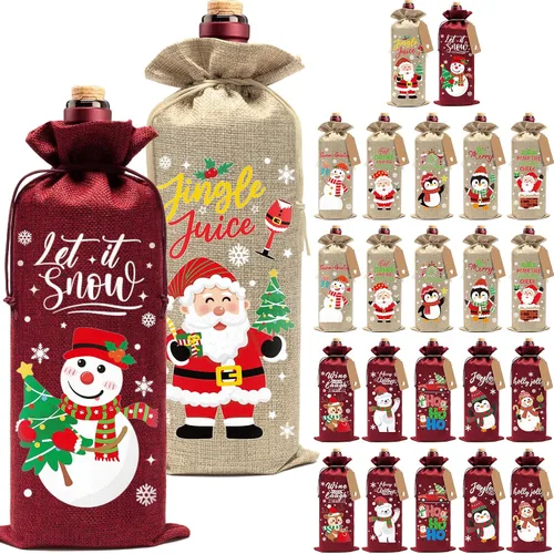 Vista 8 de Aoonby 12 piezas de bolsas de vino de arpillera, bolsas de regalo de vino de Navidad para botellas, regalos, bolsa de botella de Navidad con cordón
