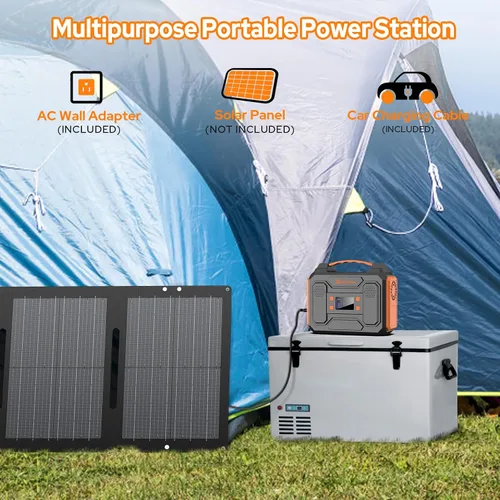 Vista 3 de Generador Solar Portátil con Panel, Estación de Energía Portátil de 300W con Panel Solar Plegable de 40W, Tomacorriente de CA de 110V 100W, Banco