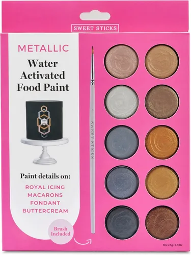 Vista 2 de Sweet Sticks Paleta metálica de colores activados por agua para escribir en alimentos; incluye 1 pincel de línea fina