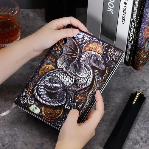 Vista 5 de FEIDIAO Cuaderno vintage de cuero en relieve Flying Dragon DND, diario de viaje A5 diario con bolígrafo y funda para bolígrafo, diario de piel