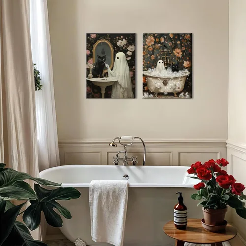 Vista 6 de Juego de 3 arte de pared de fantasmas de Halloween para baño, divertido gótico, decoración de pared de academia oscura, fantasma de terror y gato