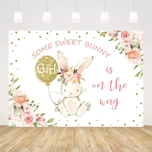 Vista 2 de MEHOFOND Fondo de fiesta de conejito de 7 x 5 pies para decoración de fiesta de baby shower, con texto en inglés "Some Sweet Bunny is on the Way