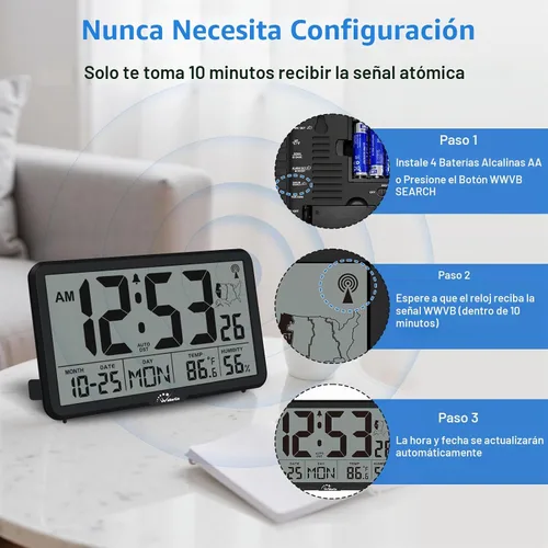 Vista 3 de WallarGe Reloj de pared atómico con luz de fondo, funciona con pilas Negro