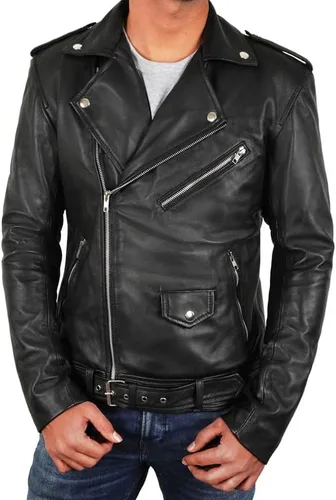 Vista 4 de SpazeUp Chaqueta de cuero negro para hombre - Asimétrico Brando Style Casual Chaqueta de cuero real para hombre