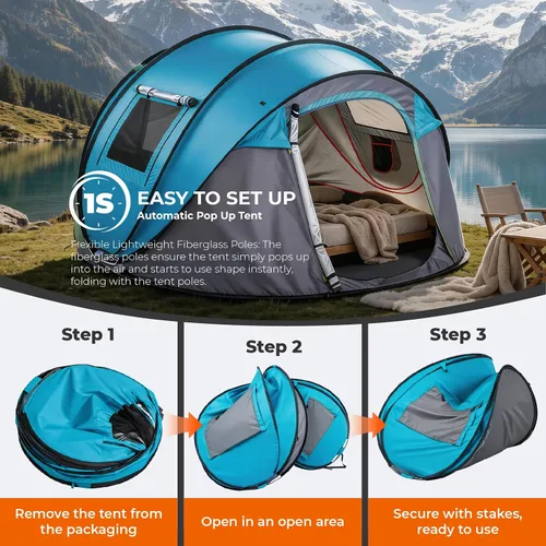 Vista 9 de Tienda de campaña desplegable fácil para 4 personas, instalación automática impermeable, 2 puertas, tienda de campaña familiar instantánea