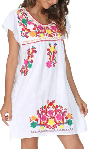 Vista 16 de YZXDORWJ Vestido bordado mexicano de manga corta para mujer 222BK