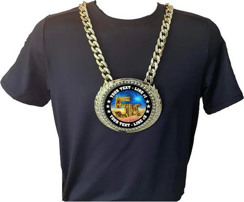 Vista 3 de Express Medals Trofeo de cadena de campeón de carreras 5K personalizado con 2 líneas de texto personalizado en una gran medalla de premio
