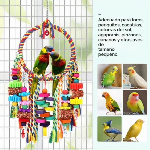 Vista 4 de Juguetes para pájaros, anillo de cuerda para pájaros, perca oscilante con mazorca de maíz, bollos de cartón, bloques de madera, juguetes