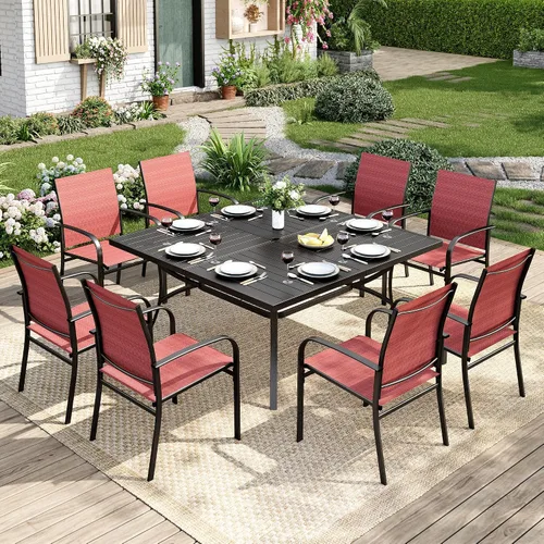 Vista 13 de MIXPATIO - Juego de comedor de patio de 9 piezas, mesa cuadrada de metal de 57.5 pulgadas, 8 sillas de textileno Azul