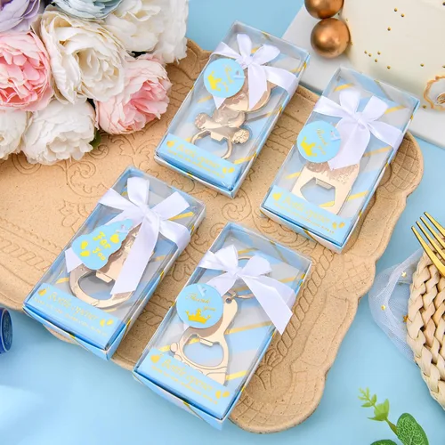 Vista 5 de Abrebotellas de bebé, 24 piezas, llavero con huella de oso y niño, abrebotellas con caja de regalo azul, recuerdos de fiesta de baby shower