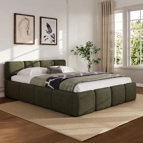 Vista 3 de Harper & Bright Designs Boucle - Base de cama de plataforma, tamaño Queen, plataforma estilo bloque, cama tapizada con conexión a tierra