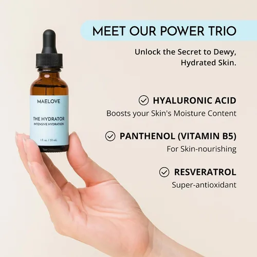 Vista 5 de MAELOVE Suero Hydrator de ácido hialurónico B5 con resveratrol para un brillo húmedo al instante, rellena líneas finas, ligero y no graso, 1.0 onzas