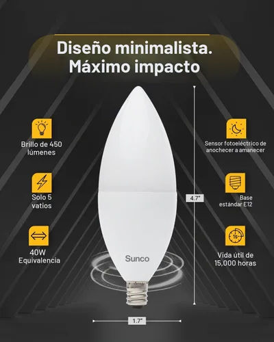 Vista 3 de Sunco B11 Bombilla LED para candelabro, del atardecer al amanecer, E12, 5 W Blanco suave (2700K Soft White)
