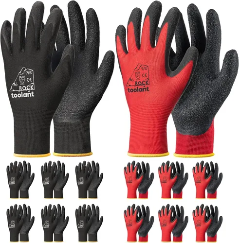 Vista 28 de toolant Guantes de trabajo de látex arrugado a granel, guantes de seguridad con revestimiento de goma para hombres y mujeres, 12 pares para Negro