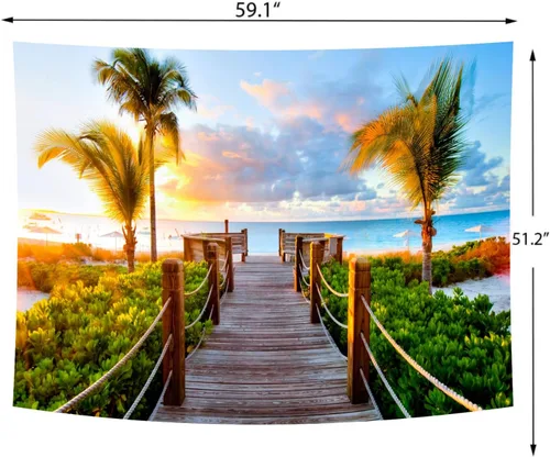 Vista 6 de Delur Tapiz de playa y puesta de sol tropical, palmera, costero, tapiz para colgar en la pared, paisaje natural, cabecero psicodélico escénico