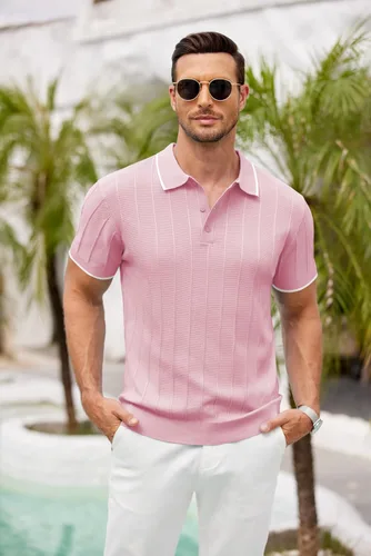 Vista 89 de COOFANDY Camisas polo de punto para hombre de manga corta con textura acanalada Camisas de golf casuales y ligeras con cuello Camiseta de polo