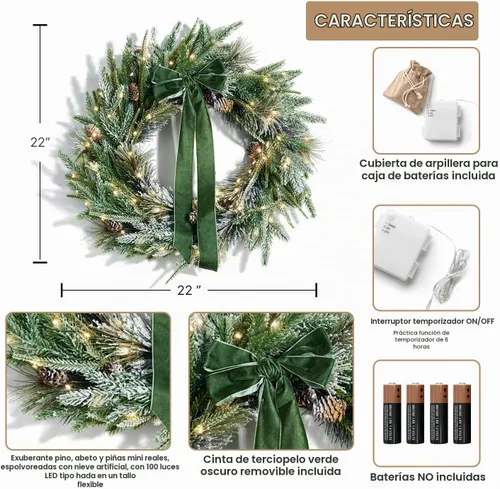 Vista 3 de LampLust Corona de Navidad para puerta delantera con luces, corona de ciprés de 22 pulgadas