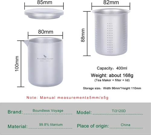 Vista 3 de iBasingo Juego de tetera de titanio de 13.5 fl oz con cubierta de filtro, tetera de doble capa para acampar al aire libre, picnic, senderismo
