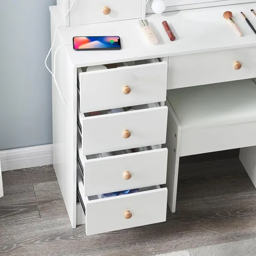 Vista 6 de Tocador blanco escritorio de maquillaje w/LED espejo deslizante taburete tocador tocador tocador