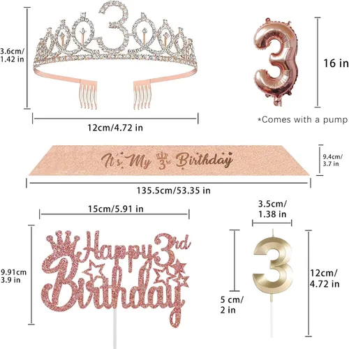 Vista 4 de Decoraciones de cumpleaños de 3 para ella – 5 regalos que incluyen corona de tercera tiara, banda, decoración de pasteles, globos, velas